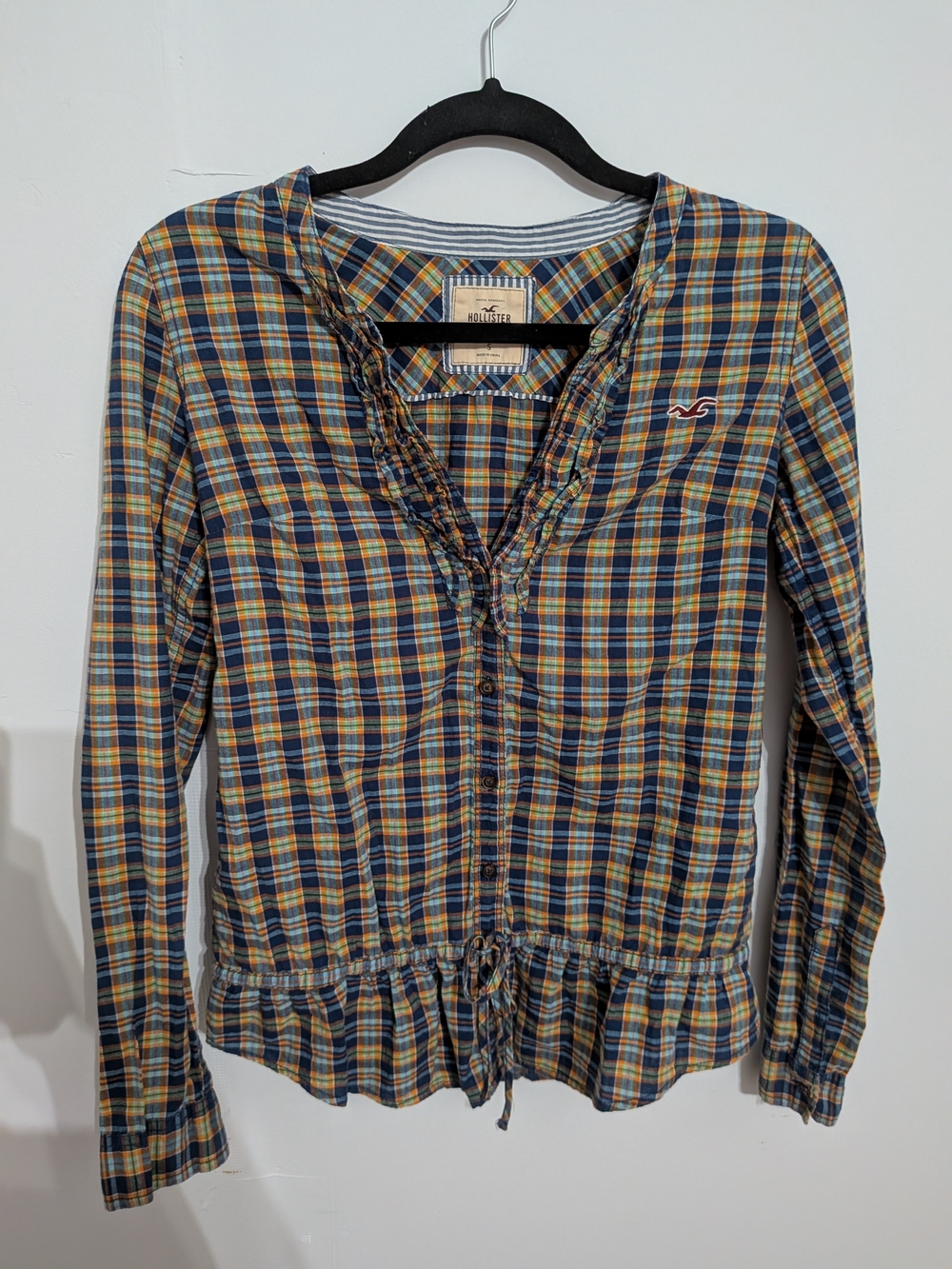 Hollister Plaid Ruffle-Trim Button Front Top in Blue/Yellow